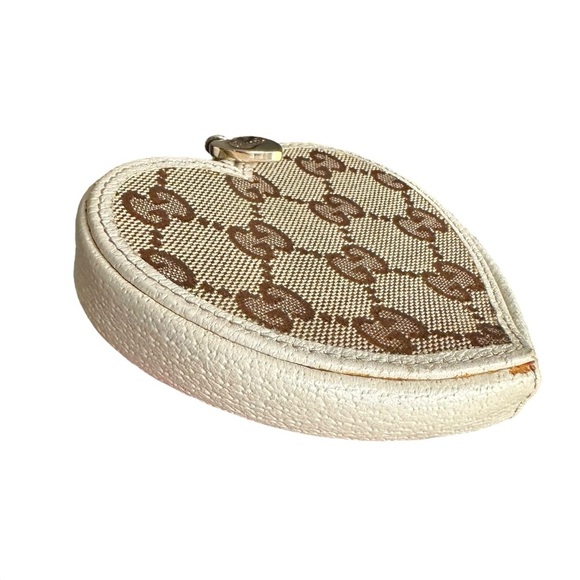 GUCCI Tan GG Monogram Canvas & White Brown Leather Heart Coin Pouch Case - Picture 7 of 12